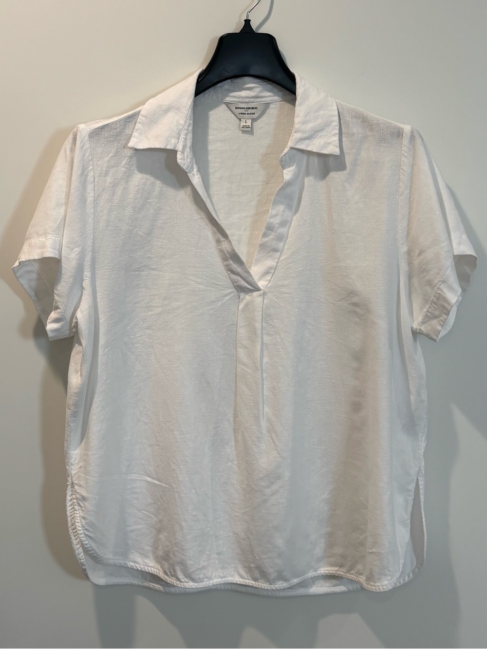 Banana Republic Factory White Linen Short Sleeve V-Neck Collared Blouse Large